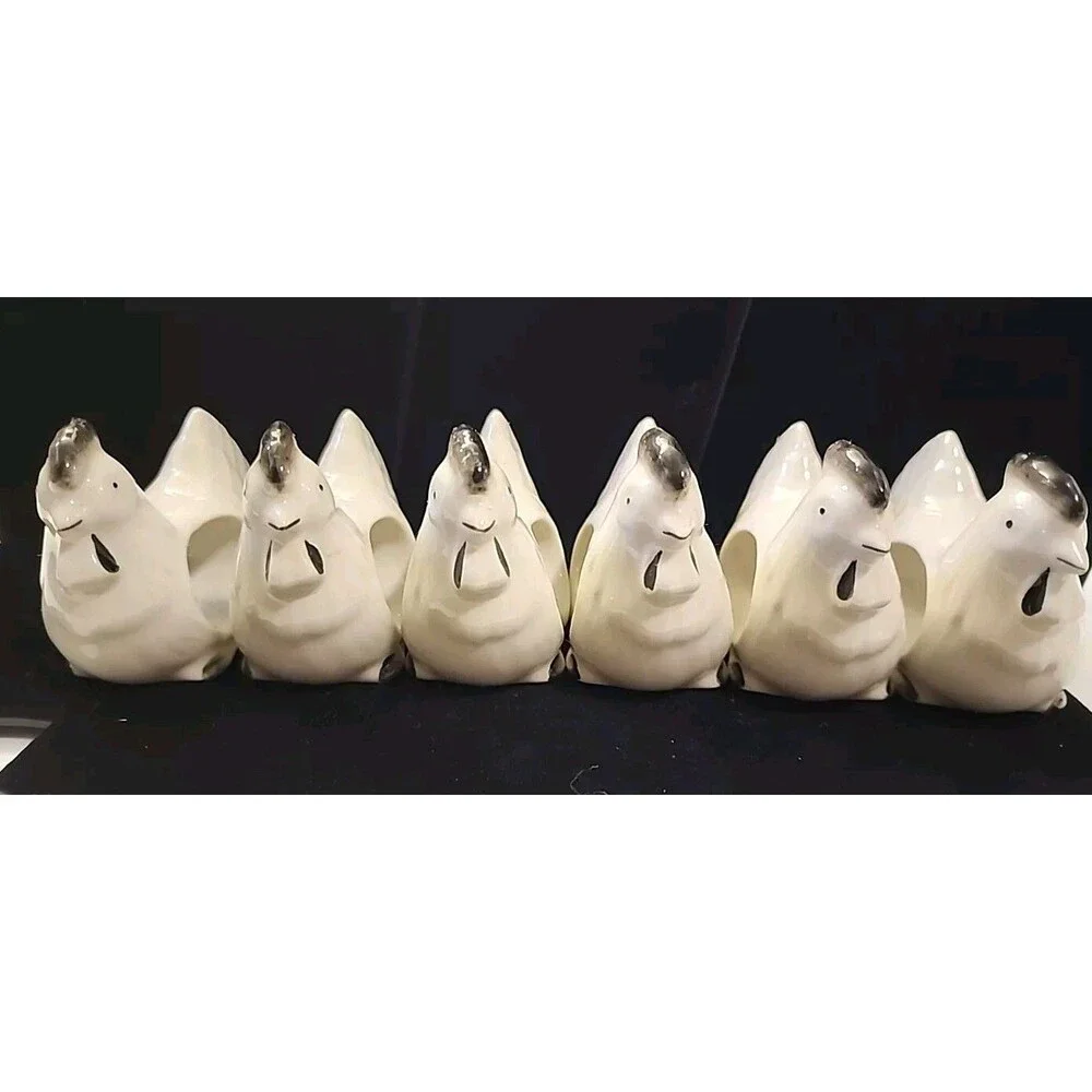 6 Black & White Ceramic Chicken Napkin Rings Farmhouse Farmcore Cottagecore